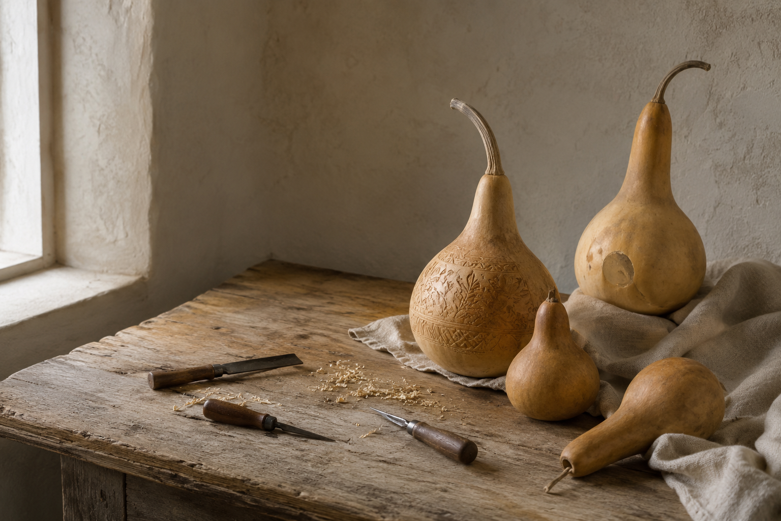 Dried gourds and hand tools arranged on linen